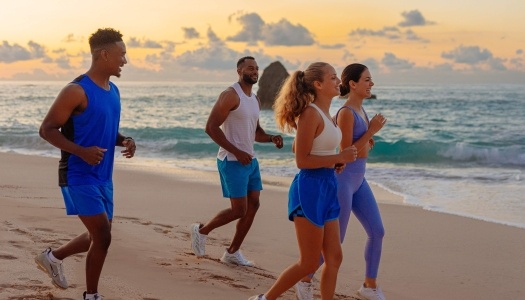 A group of friends jogging by the beach on their Mediterranean cruise