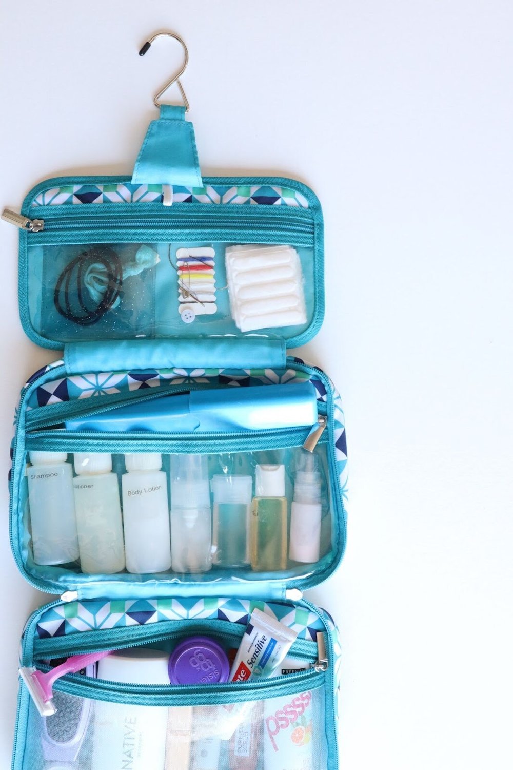 A neatly packed toiletry bag