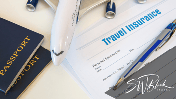 Travel insurance contract on a desk with a model plane and passports - S.W. Black Travel