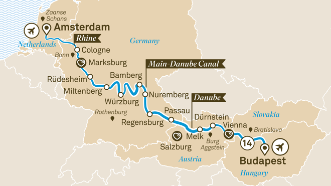 Budapest to Amsterdam River Cruise Route