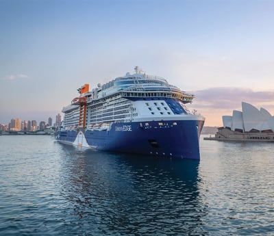 Celebrity Edge in Sydney Australia with the Opera House in the background