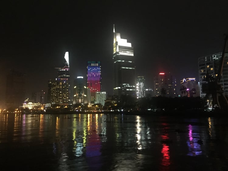 Photo taken onboard night time river cruise on the Mekong River