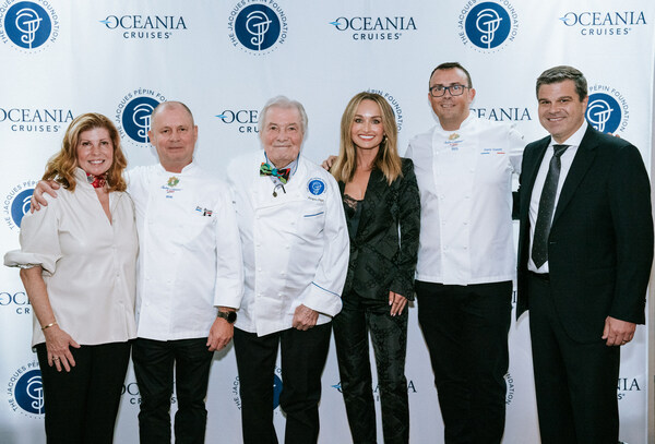 Oceania Cruises Announces Giada De Laurentiis as Brand and Culinary Ambassador. Left to Right: Claudine Pépin, Chef Eric Barale, Chef Jacques Pépin, Giada De Laurentiis, Chef Alexis Quaretti, Frank A. Del Rio