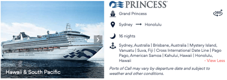 Princess Cruises Sydney to Honolulu, Hawaii 16 October 2025