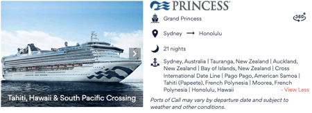 Princess Cruises Sydney to Honolulu, Hawaii 8 April 2026