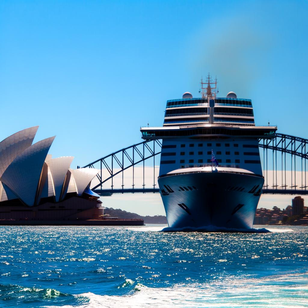 Illustration of a cruise ship sailing from Sydney, Australia with the Harbour Bridge and Opera House in the background