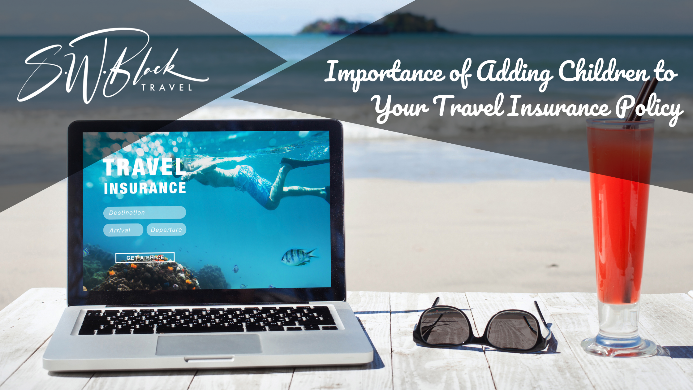 Importance of travel insurance for children. Laptop on a beach with a cruise ship in the distance. 